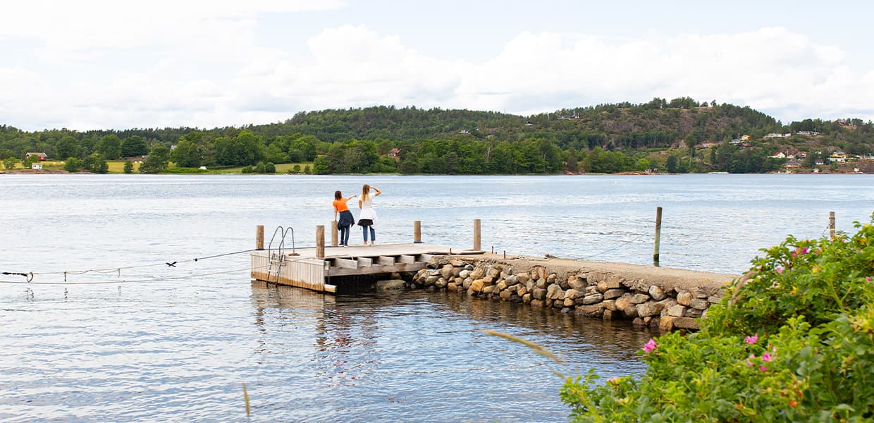 To personer står på enden av en steinbrygge med treplatting på Veierland. Rolig blått vann omgir bryggen. Grønne åser og skog i bakgrunnen. Rosa blomster vises i forgrunnen til høyre. Lys himmel med noen skyer over.